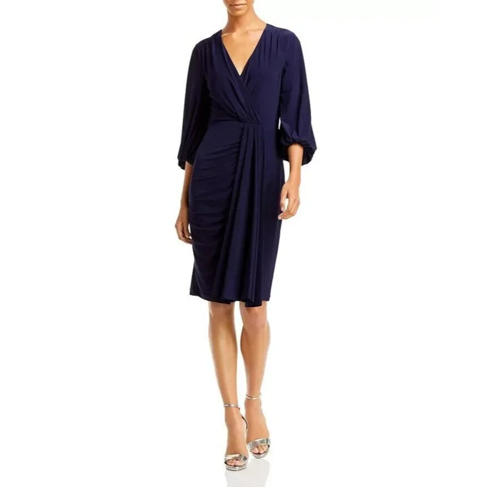 Eliza J Faux Wrap Draped Midi Dress Navy 6 - Picture 2 of 2